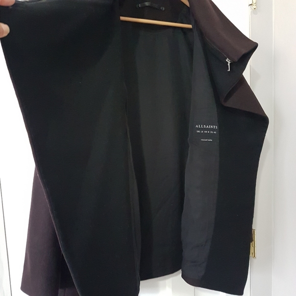 All Saints Jax Wool Blend Draped Coat Burgundy Sz 8 - Picture 7 of 16